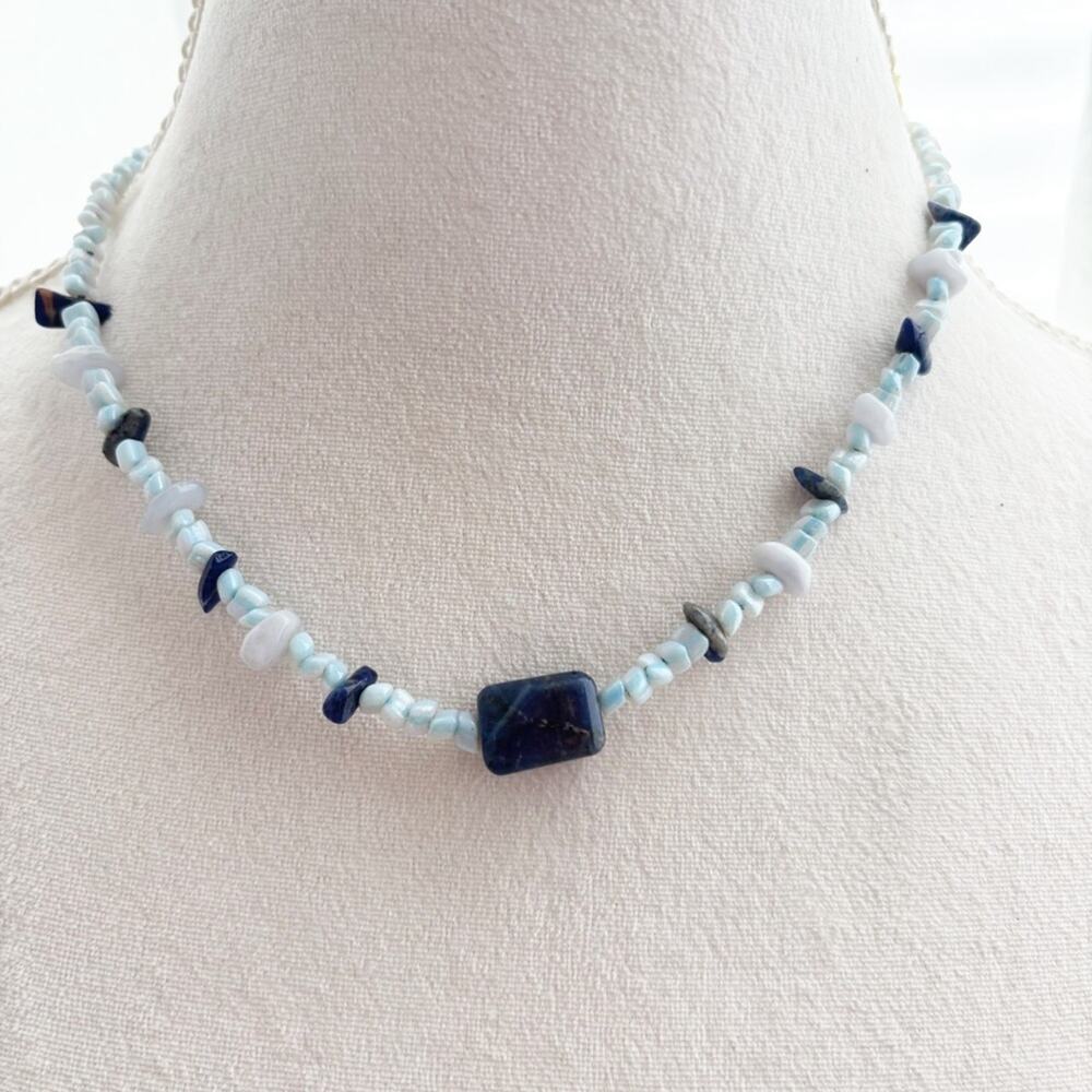 Blue and White Beaded Stone Necklace